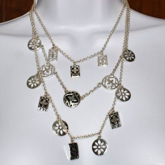 Womens Silver Charm Pendant Multi Chain Necklace Flower Charms - Picture 2 of 6